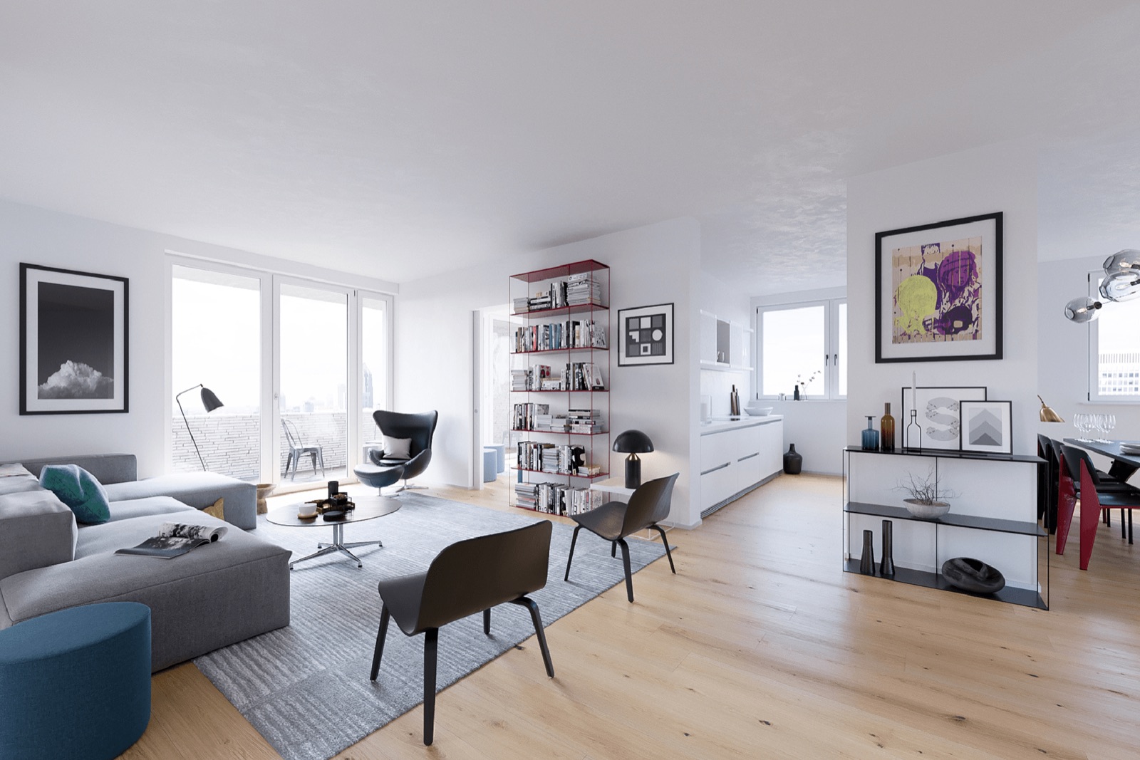 Sala familiar con ventanales de piso a techo, proyecto residencial Puebla